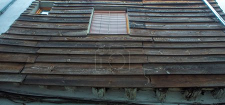 Traditional architecture of Hervas, Caceres, Spain. Upper floor covered with wood planks