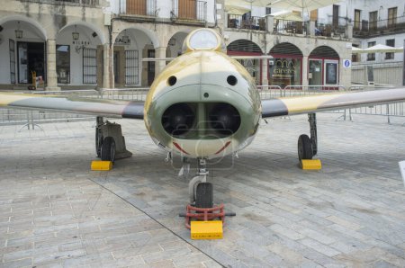 Photo for Caceres, Spain - May 27th, 2021: Hispano HA-200 Saeta. Spanish military aviation exhibition, Caceres Main Square, Spain - Royalty Free Image