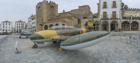 Photo for Caceres, Spain - May 27th, 2021: Spanish military aviation exhibition. Caceres main square, Spain - Royalty Free Image