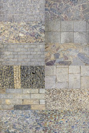 Monumentale komplexe Straßenbeläge, Caceres, Spanien. Vertikale Mosaikzusammensetzung