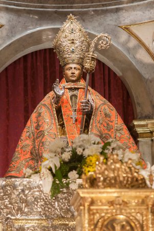 Photo for Pamplona, Spain - March 3rd, 2024: San Fermin Patron Saint figure at San Lorenzo Church, Pamplona, Navarra, Spain. Front view - Royalty Free Image