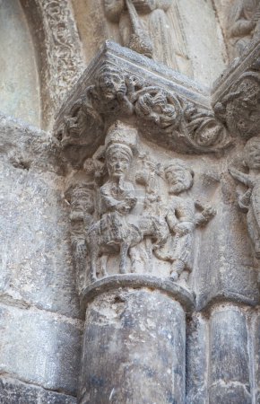 Eglise de San Miguel portail. Ville d'Estella-Lizarra, Navarre, Espagne du Nord. Fuite en Egypte