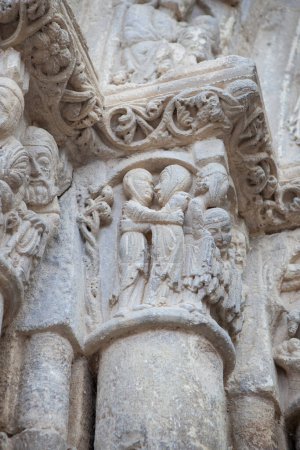 Church of San Miguel portal. Estella-Lizarra town, Navarre, Northern Spain, Visitation and Nativity