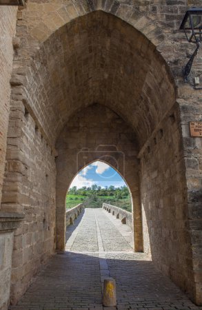 Gran puente románico de Puente La Reina, Navarra, España. Arco de acceso desde ciudad