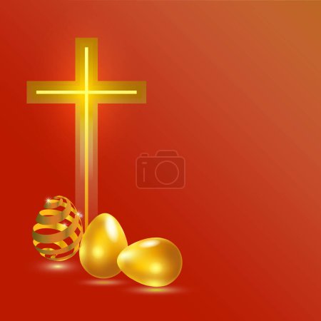 Foto de Huevos decorativos de Pascua y cruz dorada sobre fondo rojo - Imagen libre de derechos
