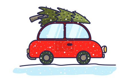 Rotes Auto trägt Weihnachtsbaum. Zeichentrick-Vektor-Illustration