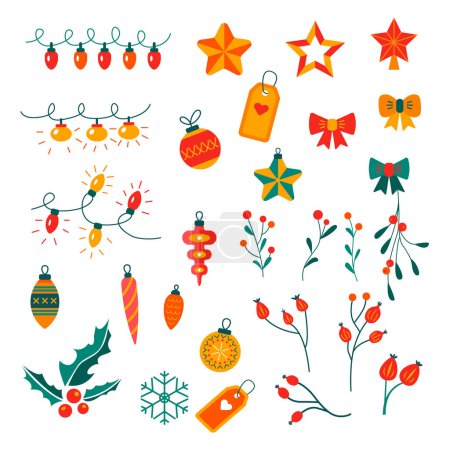 Ilustración de Decoraciones navideñas. Elementos decorativos de invierno de temporada. Conjunto de iconos de celebraciones de invierno - Imagen libre de derechos
