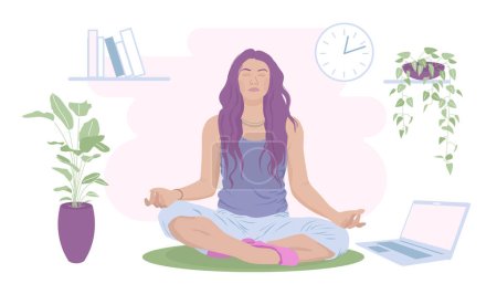 Illustration for Young woman meditating on a floor in a restroom. Doing yoga vector illustration - Royalty Free Image