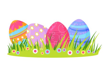 Huevos de Pascua en primavera hierba y flores vector ilustración.