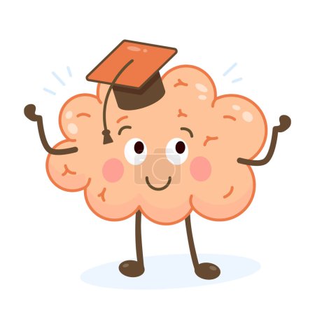 Brain character cartoon style illustration. Graduation brain concept vector illustration. Education mascot drawing.