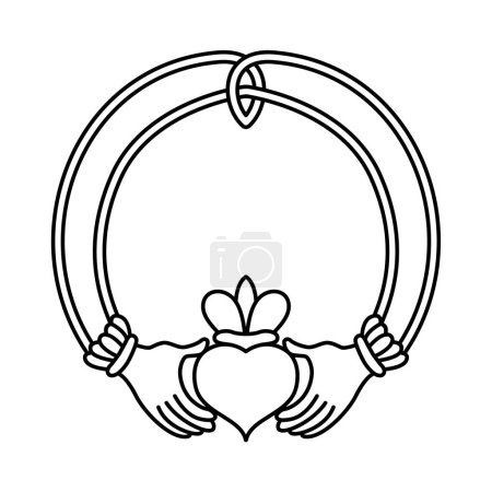 Illustration for The Claddagh symbol vector illustration. Traditional symbol of love, friendship and loyalty. Two clasped hands holding a crowned heart line art. - Royalty Free Image