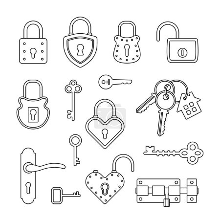 Schlösser und Schlüsselsymbole gesetzt. Schlüssel-, Schlüsselloch- und Schloss-Vektor-Illustration. Loggen Sie sich ein und melden Sie sich ab. Konzept für Sicherheitszugang.
