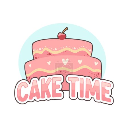 Pink birthday cake illustration. Cake time vector illustration. Cute pastry logo design.