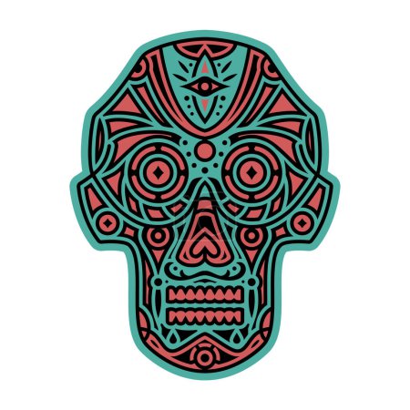 Ilustración vectorial del cráneo ornamental. Diseño de cráneo mexicano vectorial. Máscara Tribal Simétrica. Bosquejo de tatuaje nativo. Dia de Muertos Elemento decorativo.