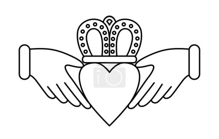 The Claddagh symbol vector illustration. Traditional symbol of love, friendship and loyalty. Two clasped hands holding a crowned heart line art.