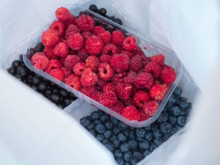 Three plastic containers with raspberries, blueberries and black currant in a white paper bag. Seasonal food shopping and healthy eating concept.