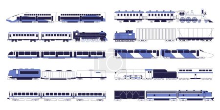 Ilustración de Conjunto de varios trenes y locomotoras. Moderno y viejo, pasajeros y carga. - Imagen libre de derechos