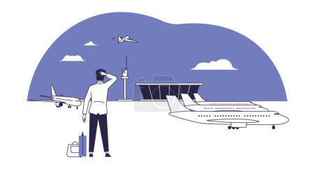 Illustration for An upset man who missed the plane is standing at the airport. - Royalty Free Image