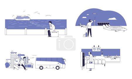 Illustration for People late for transport. Vector scenes with passengers characters. - Royalty Free Image