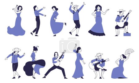 Ilustración de Bailarines y músicos de flamenco. Conjunto de caracteres vectoriales de artistas. - Imagen libre de derechos