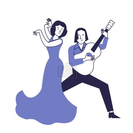 Illustration for Guitarist and flamenco dancer. Vector folk dance scene. - Royalty Free Image