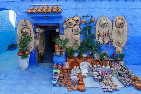 Photo for North Africa. Morocco. Chefchaouen. Souvenirs shop in a blue street of the medina - Royalty Free Image