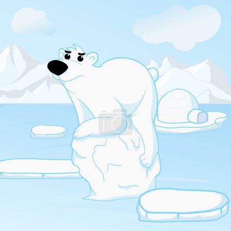 un oso polar solitario llora tristemente cuando el hielo polar comienza a derretirse, y un iglú en el fondo