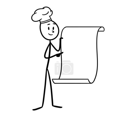 stickfigure chef, carrying a large piece of paper while demonstrating