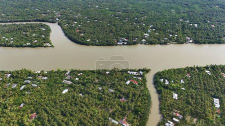 Amazing aerial view of Mekong Delta, vast coconut, palm, nipa tree field, irrigation system by canal with many river branch, water source for agriculture and waterway transport with cheap