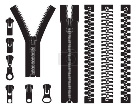 Illustration for Set of different zippers black symbols on a white background - Royalty Free Image