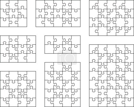 Illustration of eight different white puzzles, separate pieces