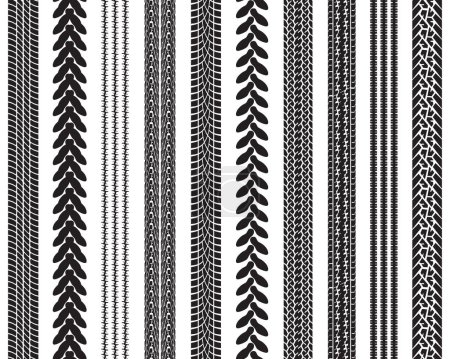Schwarze Abdrücke von Autoreifen auf weißem Hintergrund, nahtloses Muster
