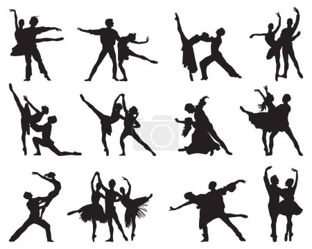 Téléchargez les illustrations : Silhouettes noires de couples de ballet sur fond blanc - en licence libre de droit