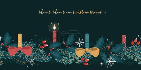 Mignonnes bougies dessinées à la main et texte allemand disant "Avent, Avent, un peu de lumière brûle" - idéal pour les bannières, papiers peints, cartes, invitations - design vectoriel