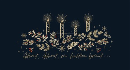 Niedliche handgezeichnete Kerzen und der Schriftzug "Advent, Advent, ein bisschen Licht brennt" - ideal für Banner, Tapeten, Karten, Einladungen - Vektordesign