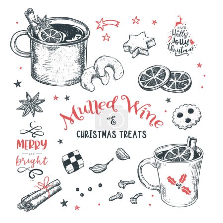 Ilustración de Precioso vino caliente ilustraciones con galletas de Navidad e ingredientes, ideal para menús, pancartas, fondos de pantalla - diseño de vectores - Imagen libre de derechos