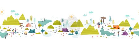 Illustration for Cute hand drawn vector seamless pattern with camping doodles, tents, landscape and trails, great for textiles, banners, wallpapers - Royalty Free Image
