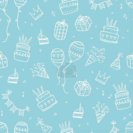 Ilustración de Divertido fondo sin costuras partido dibujado a mano con pasteles, cajas de regalo, globos y decoración del partido. Ideal para fiestas de cumpleaños, textiles, pancartas, fondos de pantalla, envoltura - diseño de vectores - Imagen libre de derechos