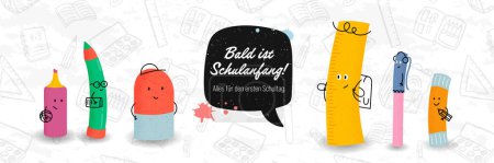 Illustration for Cute hand drawn characters and German text saying "Back to school - everything for the first day of school" - great for banners, invitations, advertising - Royalty Free Image