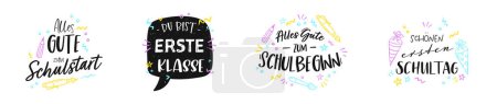 Ilustración de Escribir a mano lindo en alemán diciendo "Volver a la escuela" "Feliz primer día de escuela" y similar - ideal para pancartas, invitaciones, publicidad - Imagen libre de derechos