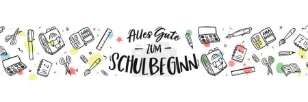 Ilustración de Bonitos garabatos escolares dibujados a mano y texto alemán que dice "Volver a la escuela" - ideal para pancartas, invitaciones, publicidad - Imagen libre de derechos