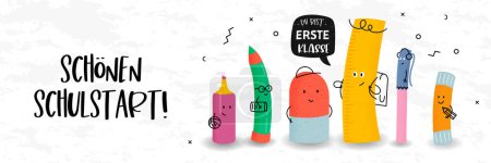 Illustration for Cute hand drawn characters and German text saying "Happy first Day of school - you are the number one" - great for banners, invitations, advertising - Royalty Free Image