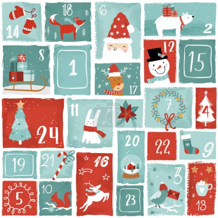 Lindo calendario de Adviento de Navidad dibujado a mano. Dibujos garabatos encantadores, diseño de vectores