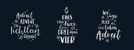 Collection of vector handwritten Advent calligraphic lettering text in German language for example "Happy first Advent" Great for calendar, greeting card, poster. Religious nativity.
