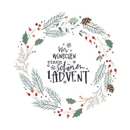 Vector handwritten Advent calligraphic lettering text in German language saying "Happy first Advent" Great for calendar, greeting card, poster. Religious nativity.