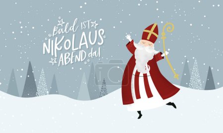 Illustration for Lovely drawn Nikolaus character, , text in german saying "Soon it's Saint Nicholas Day!" - great for invitations, banners, wallpapers, cards - vector design - Royalty Free Image