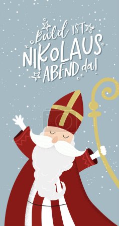 Ilustración de Precioso dibujado personaje Nikolaus,, texto en alemán diciendo "Pronto es el día de San Nicolás" - ideal para invitaciones, pancartas, fondos de pantalla, tarjetas - diseño de vectores - Imagen libre de derechos