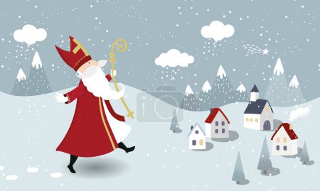 Téléchargez les illustrations : Charmant personnage Nikolaus dessiné, tradition de Noël allemande - idéal pour les invitations, bannières, fonds d'écran, cartes - design vectoriel - en licence libre de droit