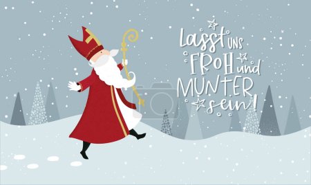 Illustration for Lovely drawn Nikolaus character, , text in german saying "Let's be happy and cheerful!" - great for invitations, banners, wallpapers, cards - vector design - Royalty Free Image