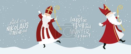 Illustration for Lovely drawn Nikolaus character, text in german saying "Soon it's Saint Nicholas Day!" - great for invitations, banners, wallpapers, cards - vector design - Royalty Free Image